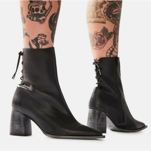 Free People Livia Leather Laceback Side Zip Pointy Toe Blue Block Heel Size 38